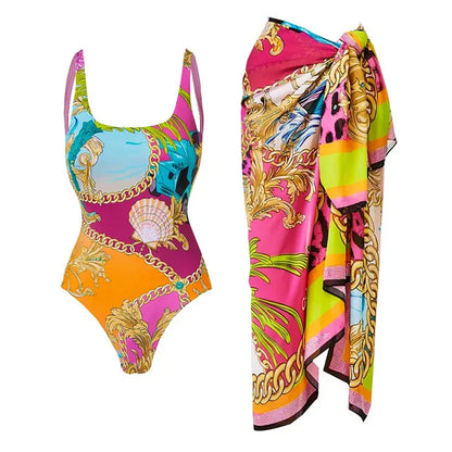 2024 New Sexy Push Up One Piece Swimwear Women Retro Print Biquini Skirt Cover Up Monokini Brazilian Swimming Suit Dress