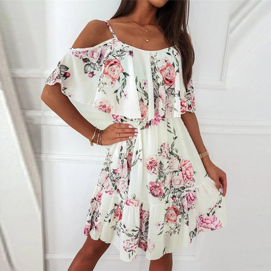 Chiffon Floral Dress for Women 2024 Summer Solid Vacation Pullover Beach Sundress Female Korean Fashion Slim Sexy Short Dresse