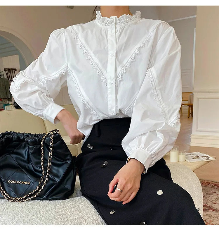 2025 Spring New Women's French White Shirt Splicing Lace Embroidery Design Ladies Shirt Long Sleeve Casual Holiday Beach Tops