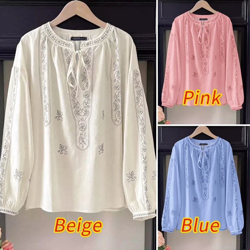 ZANZEA Ethnic Style Printing Woman Blouses Casual V-Neck Lace-Up Long Puff Sleeve Blusas Mujer 2025 Spring Summer Smock Tops