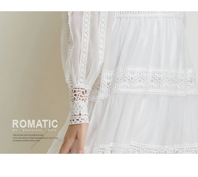 French Fashion Retro Dress Summer Clothing Lace Lace Splicing V-neck Design Lantern Sleeve Dress White Club Outfits for Women