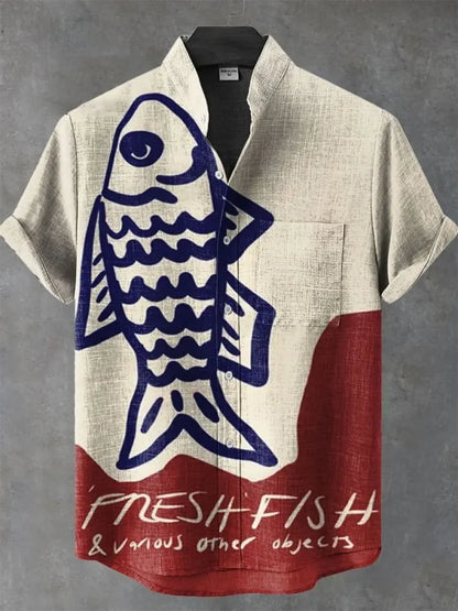 2025 men's new retro style fish pattern print men's casual linen comfortable fabric short sleeved shirt button top