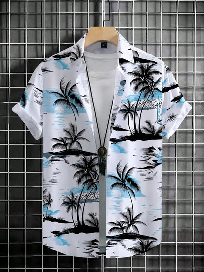 Men's Coconut Tree Graphic Print Short Sleeve Lapel Shirt Tops Men's Casual Button-Down Shirts For Summer Daily Wear And Resort