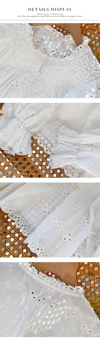 2025 Spring New Women's French White Shirt Splicing Lace Embroidery Design Ladies Shirt Long Sleeve Casual Holiday Beach Tops