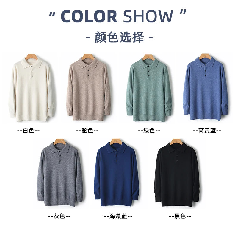 Autumn and winter new 100% pure wool sweater men's POLOL neck sweater lapel button cashmere sweater business bottoming shirt.