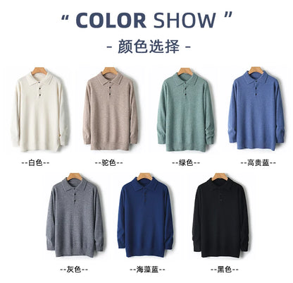 Autumn and winter new 100% pure wool sweater men's POLOL neck sweater lapel button cashmere sweater business bottoming shirt.