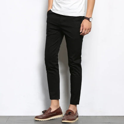BROWON Summer Men Fashions Solid Color Casual Pants Men Straight Slight Elastic Ankle-Length High Quality Formal Trousers Men