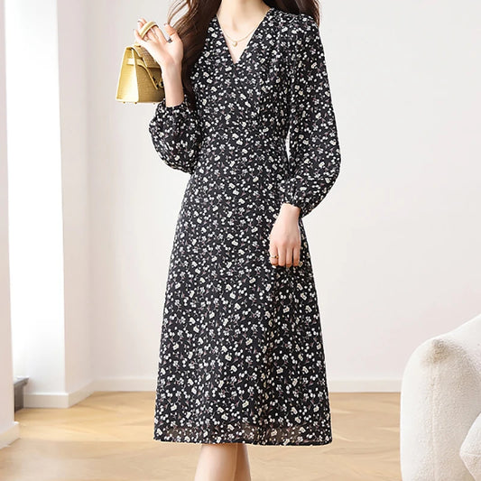 EVNISI Women V-neck Floral Printing Chiffon Dress Chic Slim Office A-line Dresses Long sleeves Women Party Vestido 2024 Autumn