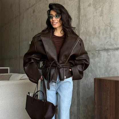 Brown Lapel Leather Bomber Jacket Women's Fashion Full Sleeve Zipper Pocket Lace Up Belt Coat 2025 Autumn High Street Outerwear