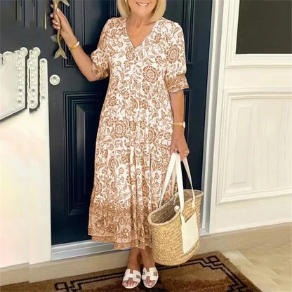 Women V Neck Pullover Button Splicing Dresses Elegant Flower Print Dress New Half Sleeve Gown Commuter Casual Loose Female Frock