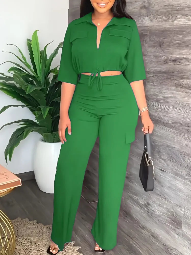 Elegant Office Women Two Piece  Short Shirt + Wide Leg Trousers Set