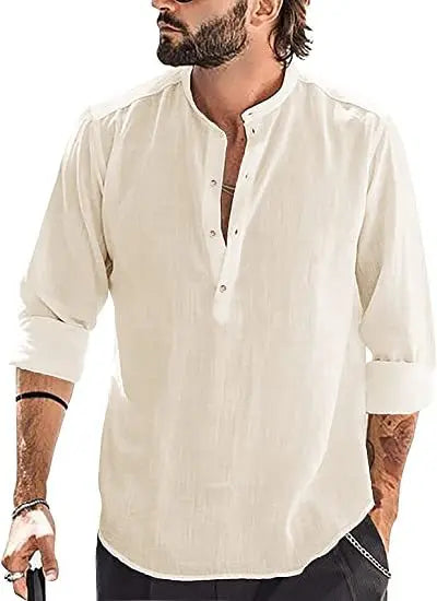 Spring Men's Shirt with Long Sleeves Stand Collar Cotton Linen Black Casual Street White Top Button Summer Fashion Blouses