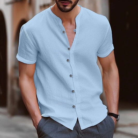 Men's Stand Collar Casual Hawaiian Shirt Solid White Black Summer Henry V Neck Button Shirt Soft and Comfortable 2025 Men's Tops