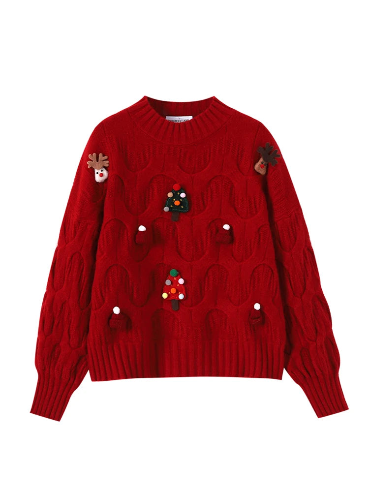 Women Christmas Pullover Knitted Sweater Y2k Fashion Harajuku Korean Vintage O-Neck Long Sleeves Red Sweaters 2000s Clothes 2024