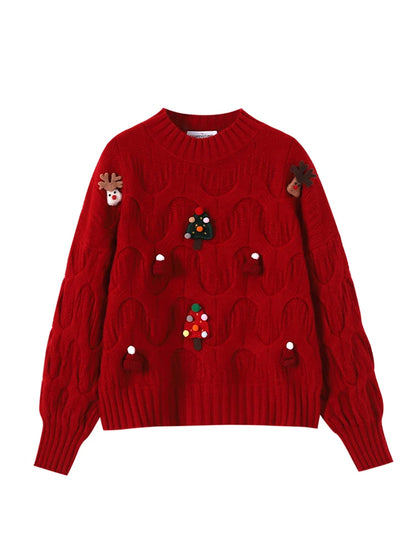 Women Christmas Pullover Knitted Sweater Y2k Fashion Harajuku Korean Vintage O-Neck Long Sleeves Red Sweaters 2000s Clothes 2024