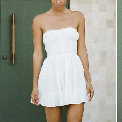 Evening Party Embroideryed Dress Elegant Summer Solid Color White Lace dress Off Shoulder Short Dress Front Tie Back Shirred