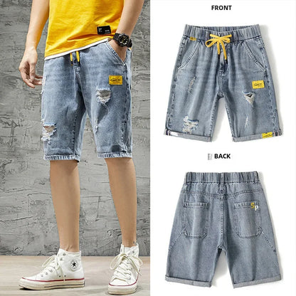 Summer Denim Shorts For Men Trendy Ripped Elastic Waist Loose Fit Casual Jeans 5 Minute Length Middle Pants
