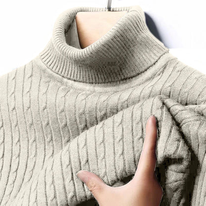Autumn Men's Ribbed Turtleneck Sweater Warm Fitted Knitted Pullover Sweatesr Jacquard Striped Casual Long Sleeves Basic Top