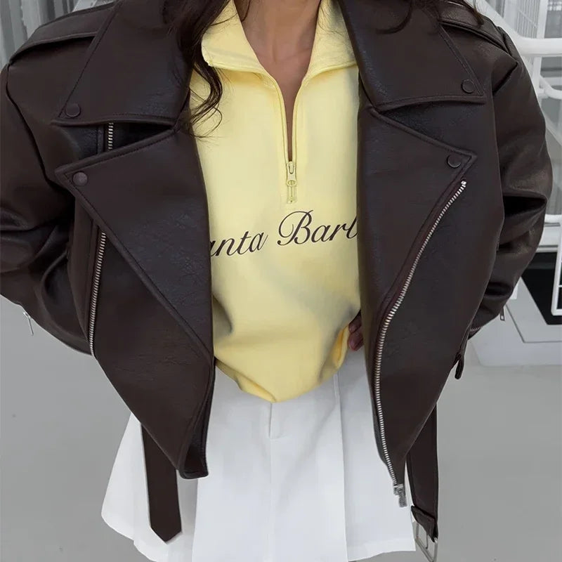 Brown Lapel Leather Bomber Jacket Women's Fashion Full Sleeve Zipper Pocket Lace Up Belt Coat 2025 Autumn High Street Outerwear