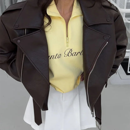 Brown Lapel Leather Bomber Jacket Women's Fashion Full Sleeve Zipper Pocket Lace Up Belt Coat 2025 Autumn High Street Outerwear