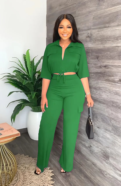 Elegant Office Women Two Piece  Short Shirt + Wide Leg Trousers Set