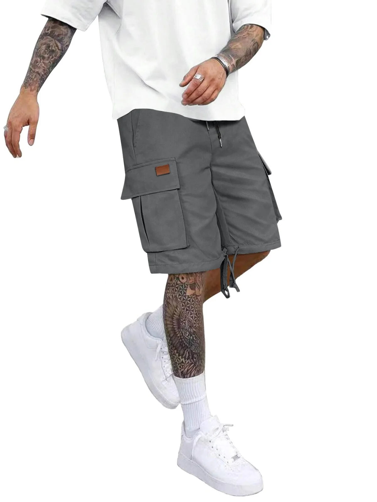 2025 Men's summer solid color casual elastic waist cargo shorts Loose multi-pocket fashion travel sports shorts
