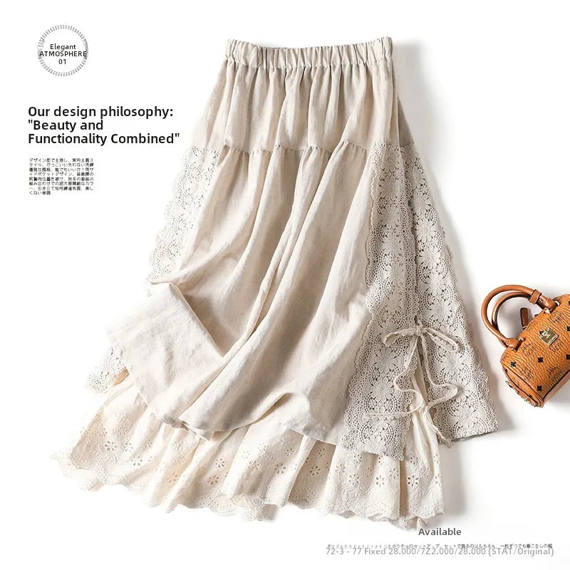 Sweet Sle Linen Skirt with Belt And Elastic Waist Heavy Embroidery Japanese Brand Women's Fashion Commute High Waist Long A...