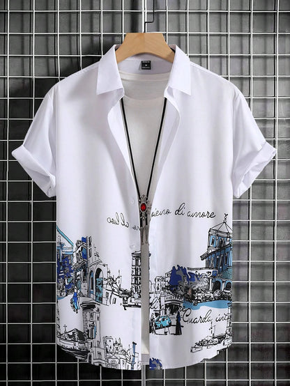 Men's Coconut Tree Graphic Print Short Sleeve Lapel Shirt Tops Men's Casual Button-Down Shirts For Summer Daily Wear And Resort