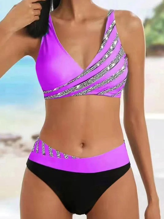 V Neck Bikini Set 2024 Women Stripe Print Patchwork Swimwear Summer Beachwear Swimsuit Female Bathers Bathing Swimming Suit 2XL