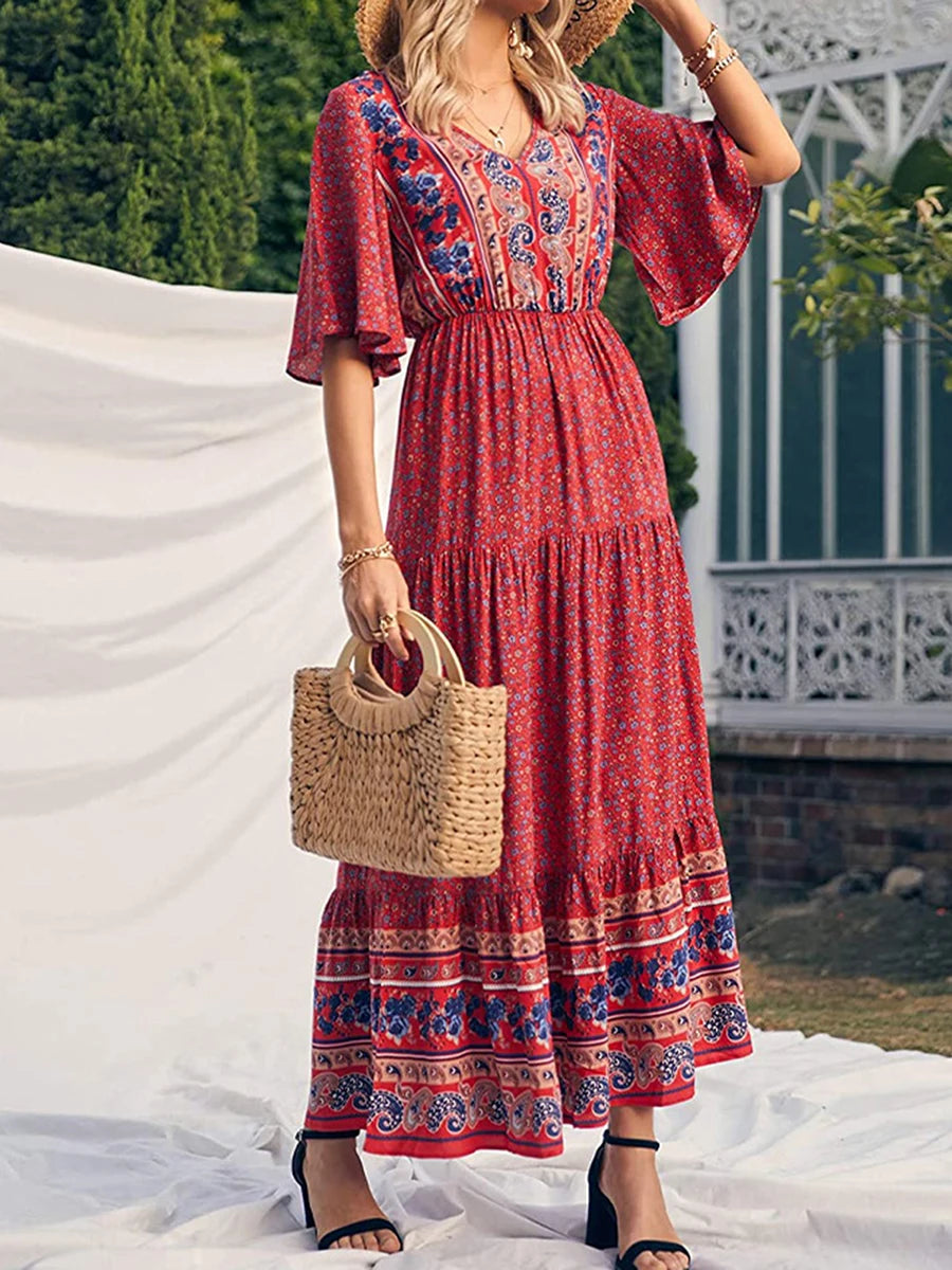 Boho Retro Printed Long Beach Dress Summer Women Flare Short Sleeve V Neck Summer A-Line Dress 2022 Party Elegant Dress