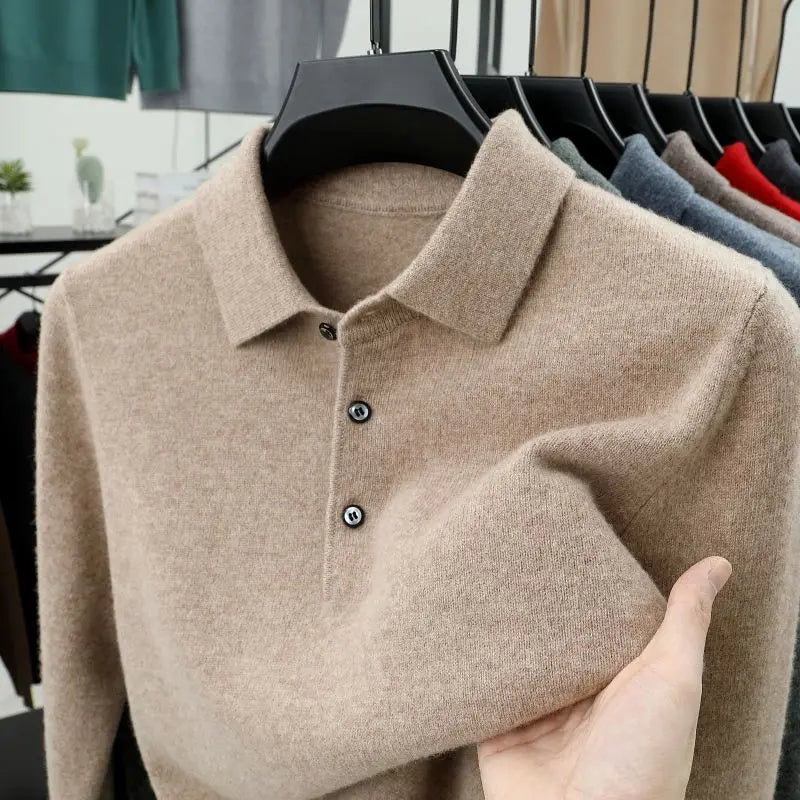 Smart Casual Autumn Winter  Sweater Men Solid Lapel Button Simplicity Fashion Luxury Long Sleeve Pullovers Knitted Tops