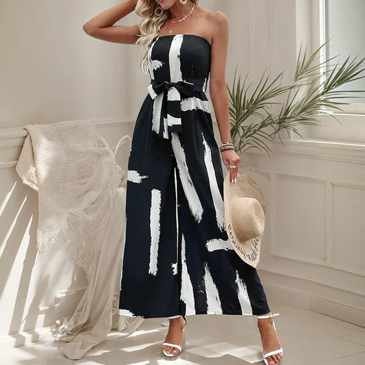 Women's Wide-leg Spliced Printed Strapless Jumpsuit