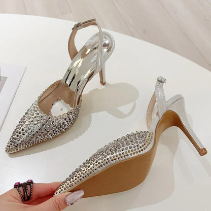 Sexy Crystal Rhinestone Pointed Toe Women Pumps Buckle Strap Street Thin Heels Prom Party Shoes Zapatillas De Mujer