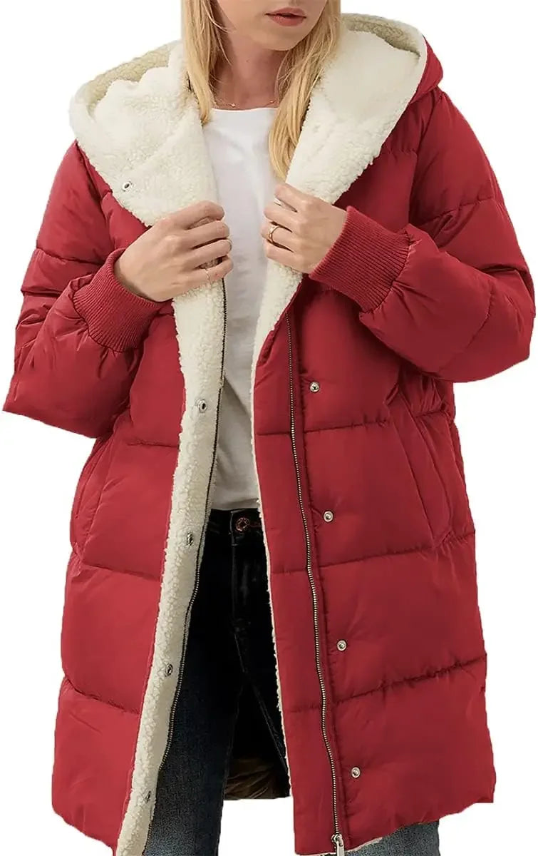 Womens Winter Warm Coats Sherpa Fleece Lined Long Hooded Puffer Jacket