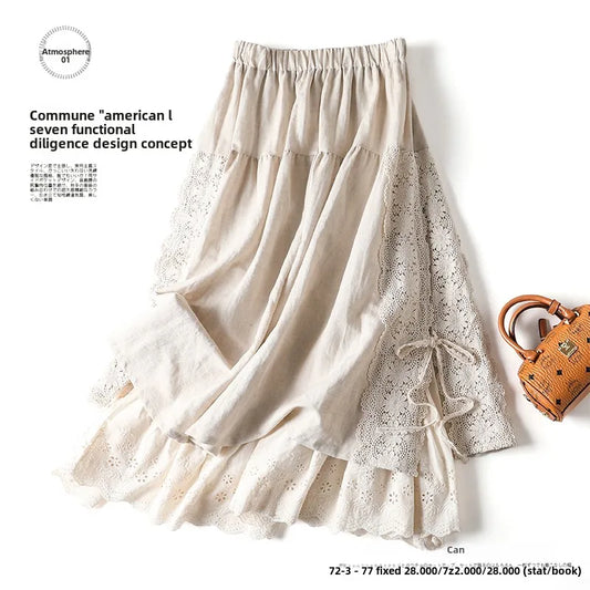 Sweet Sle Linen Skirt with Belt And Elastic Waist Heavy Embroidery Japanese Brand Women's Fashion Commute High Waist Long A...