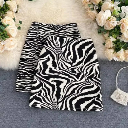 2025 Korean Zebra Print Midi Skirt Women Autumn New Female A-line High Waist Loose Skirts Vintage Mini Skirt