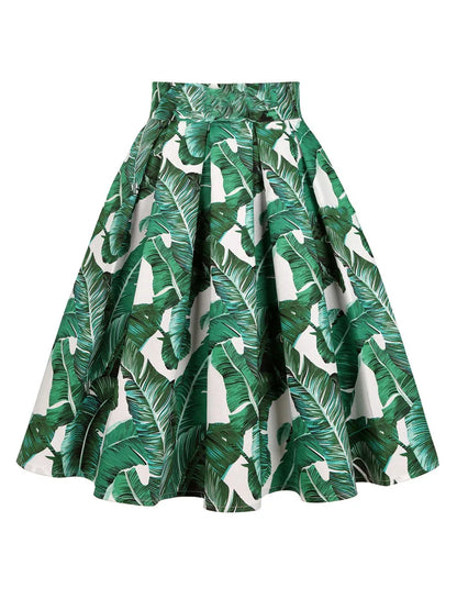 Summer French Style Women Short Vintage Pleated High Waist Floral Print Jupe Longo Elegant Ladies Office 50s Midi Tunic Skirts