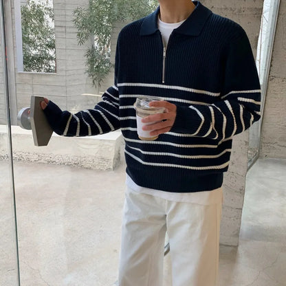 Autumn Korean Men's Light Style Lapel Long Sleeve Sweater Fashion High-end Loose Retro Casual Half Zip Striped Sweater Top