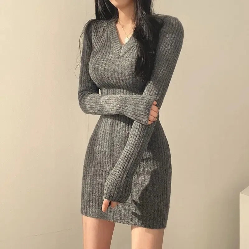 Women Knit Slim Sexy Bodycon Dress V-Neck Long Sleeve Casual Midi Sweater