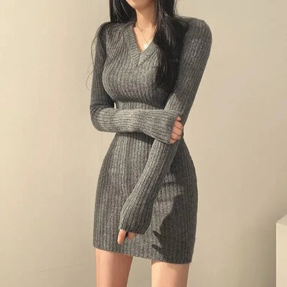 Women Knit Slim Sexy Bodycon Dress V-Neck Long Sleeve Casual Midi Sweater