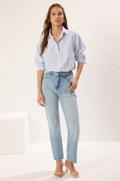 Women's Jeans Casual Double Side Pockets Beltless Denim Straight Leg Plain Zip fly Pants Fashion Clothing