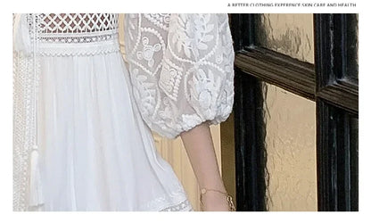2025 Women's New Spring/Summer White Hollow Sweet Dress Fashion French Bubble Sleeve Knee length Skirt European and American