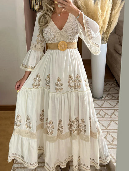 New Retro Women's Dress Floral Print Lace V-Neck Elegant Classic Flared Sleeve Holiday Maxi Dress Elegant Classics Versatility