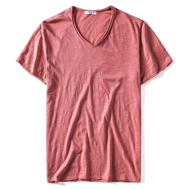 2021 New Summer V-neck T-shirt Men 100% Combed Cotton Solid Short Sleeve T Shirt Men Fitness Undershirt Male Tops Tees