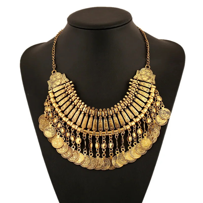 Gypsy Bohemia Metal Coin Tassel Statement Choker Necklace Women Boho Afghan Turkish Ethnic Tribal Jewelry