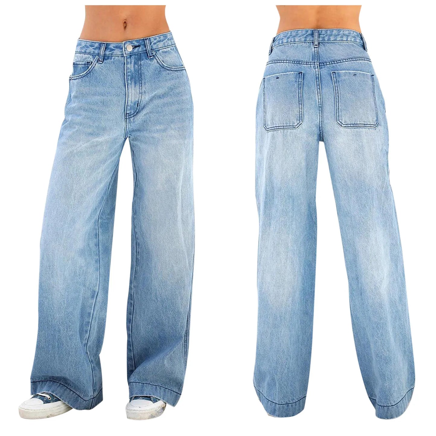 Retro Washed Jeans Women High Waist Wide Leg Denim Pants Solid Color Blue Baggy Jeans Streetwear Y2k Trousers