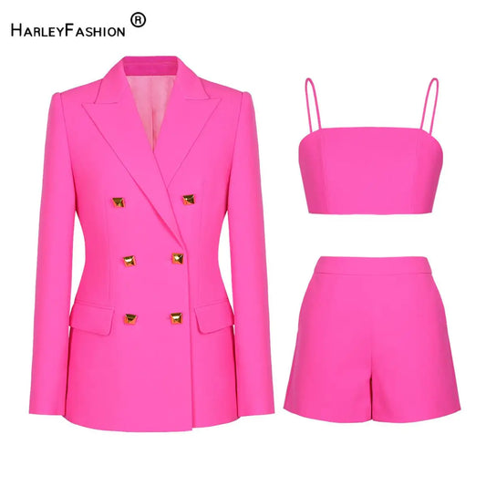Lady High Quality Spring Summer Stylish Office Suit Double-breasted Blazer Straight Shorts Slip Camis Women Fashion 3Pcs