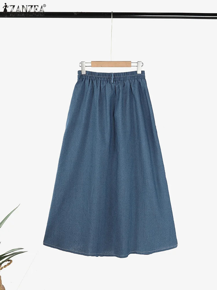 Autumn Elastic Waist Solid Skirts ZANZEA Fashion Women Denim Blue Skirt Elegant A-line Work Overskirts Casual Loose Holiday Jupe