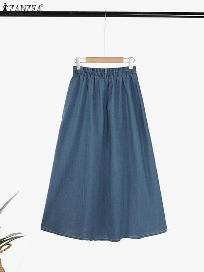 Autumn Elastic Waist Solid Skirts ZANZEA Fashion Women Denim Blue Skirt Elegant A-line Work Overskirts Casual Loose Holiday Jupe