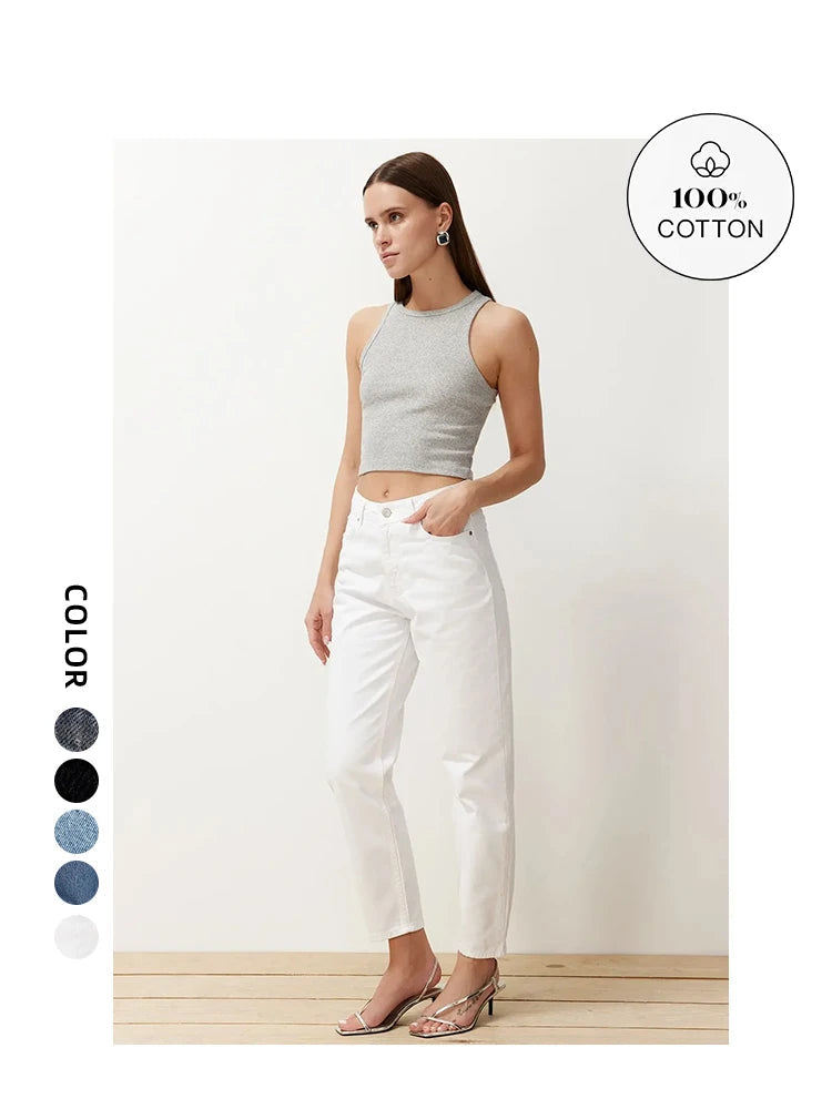 Women's 100% Cotton High Waist Turnip Jeans New Spring Autumn Pants Casual Trousers